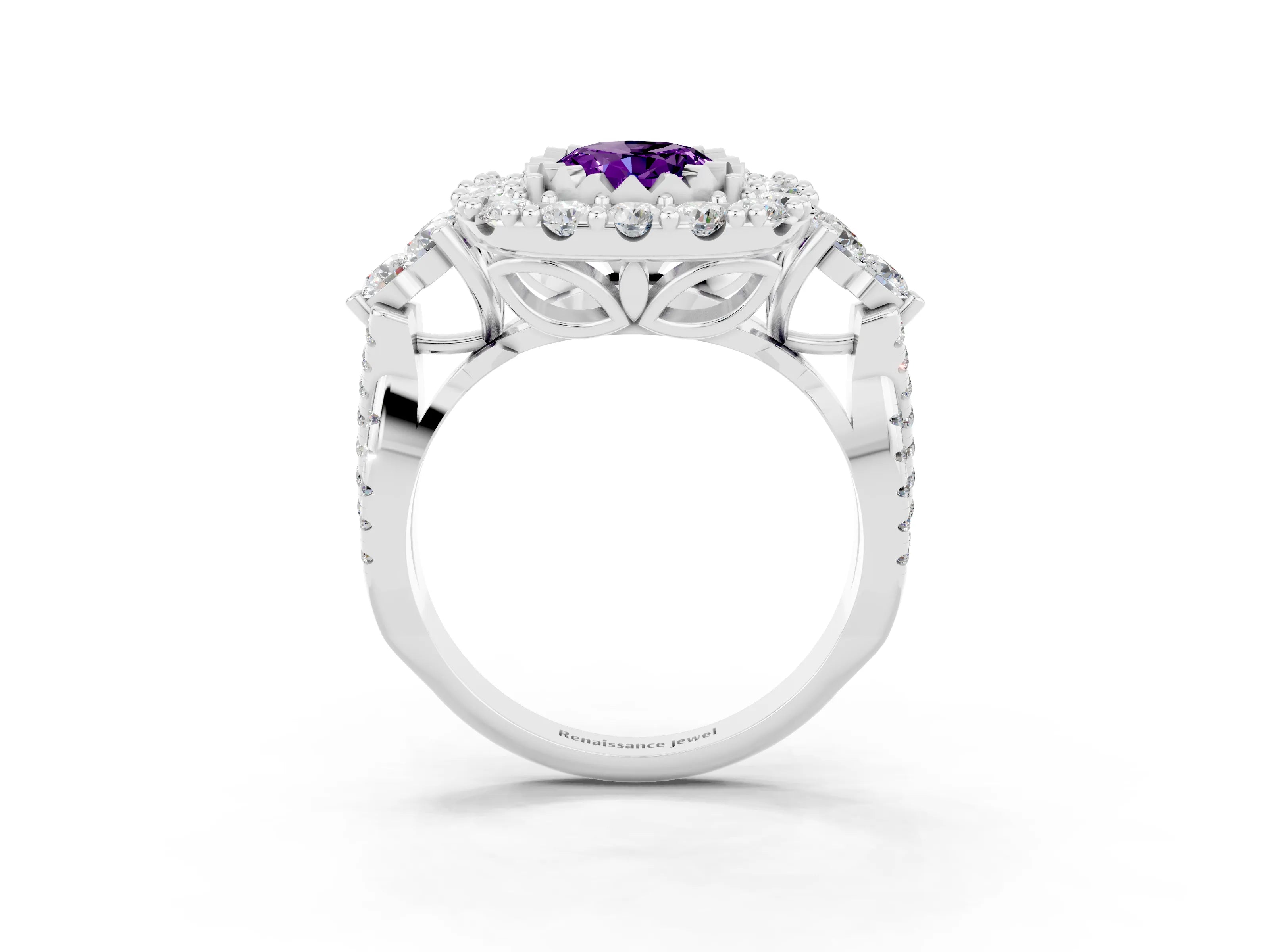White gold Oval Cut Amethyst Halo Ring with Pavé Band and Four-Prong Setting_15