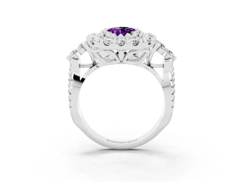 White gold Oval Cut Amethyst Halo Ring with Pavé Band and Four-Prong Setting_15
