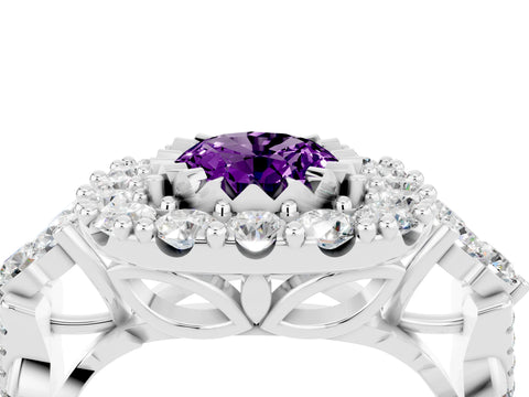 White gold Oval Cut Amethyst Halo Ring with Pavé Band and Four-Prong Setting_16