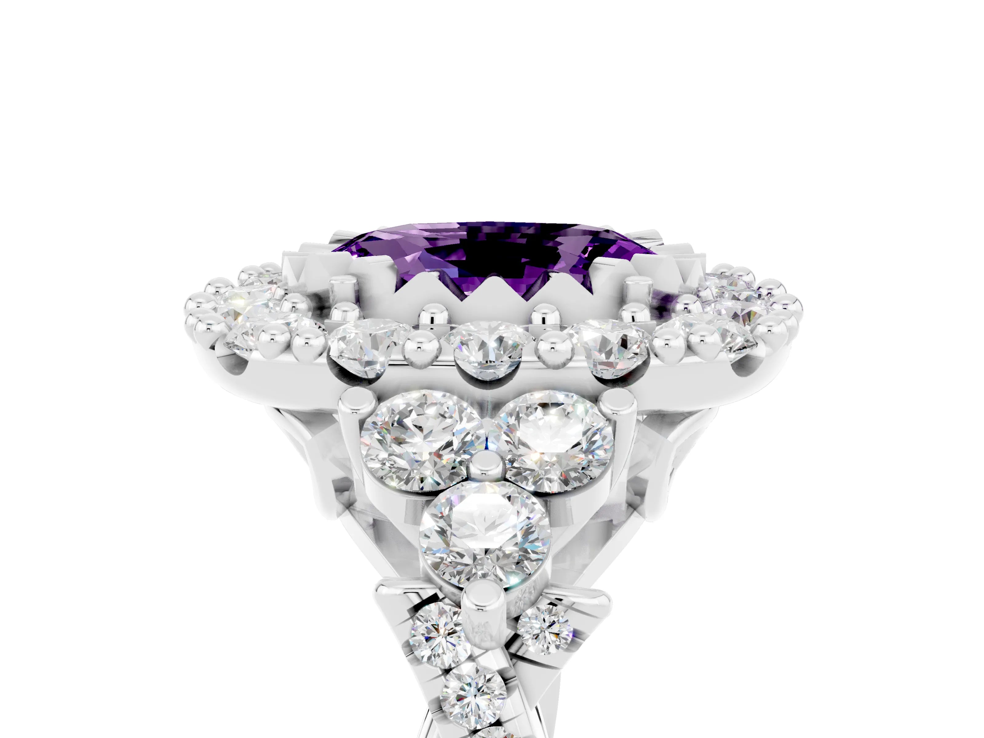 White gold Oval Cut Amethyst Halo Ring with Pavé Band and Four-Prong Setting_17