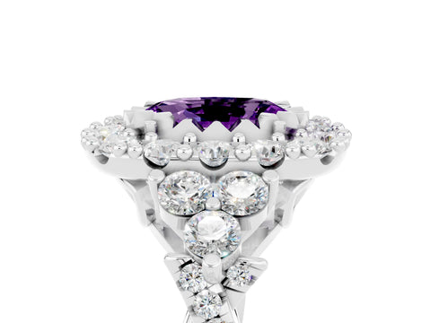 White gold Oval Cut Amethyst Halo Ring with Pavé Band and Four-Prong Setting_17