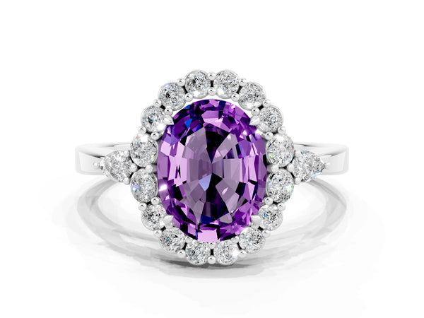 Silver Oval Cut Amethyst Halo Ring with Pear Side Stones and Prong Setting