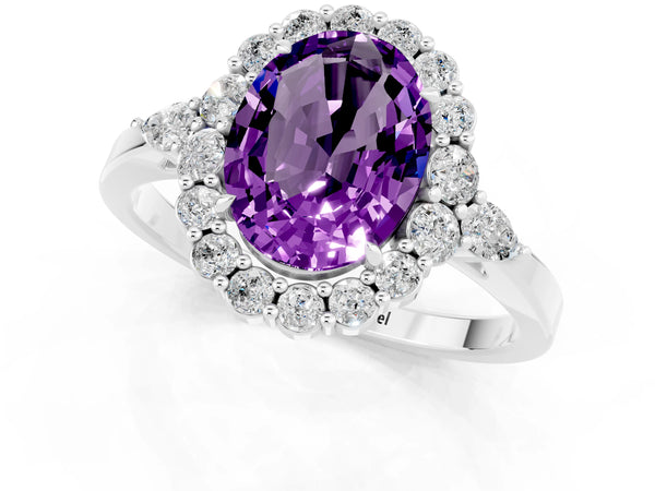 Platinum Oval Cut Amethyst Halo Ring with Pear Side Stones and Prong Setting