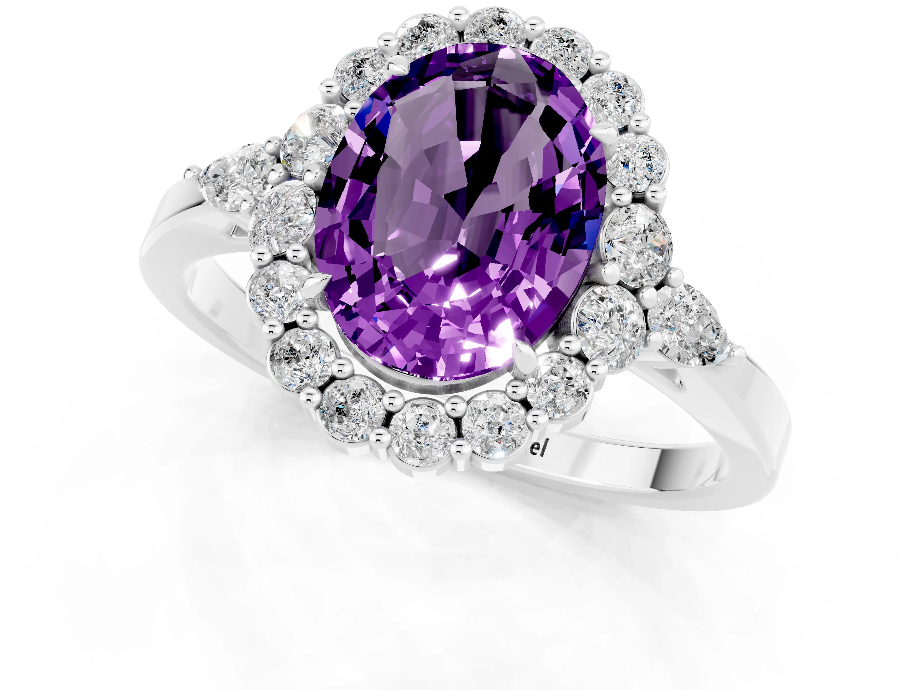 White gold Oval Cut Amethyst Halo Ring with Pear Side Stones and Prong Setting_25