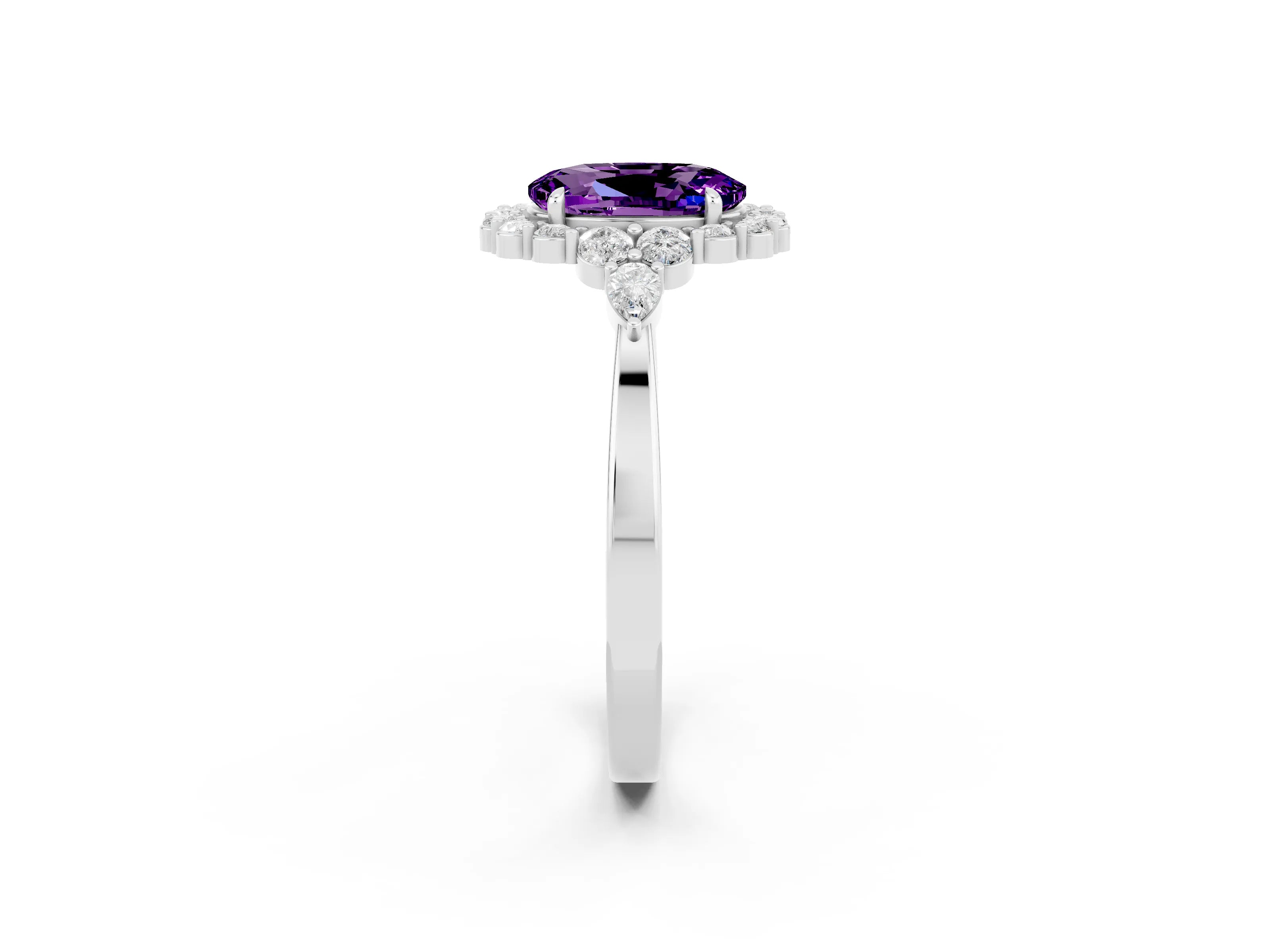 White gold Oval Cut Amethyst Halo Ring with Pear Side Stones and Prong Setting_26