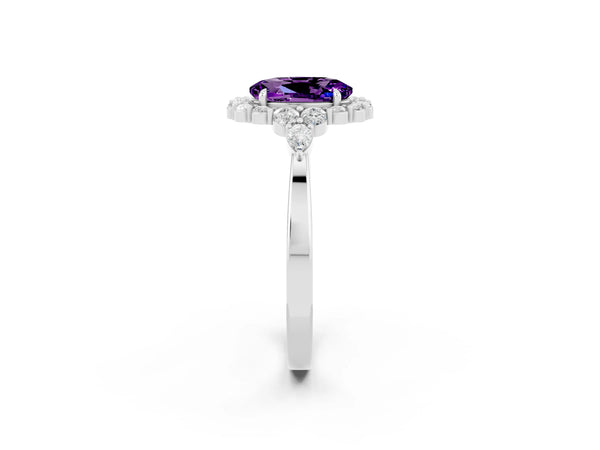 Silver Oval Cut Amethyst Halo Ring with Pear Side Stones and Prong Setting