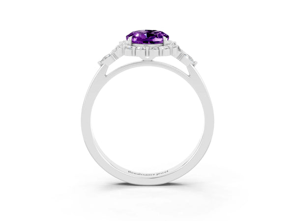 Platinum Oval Cut Amethyst Halo Ring with Pear Side Stones and Prong Setting