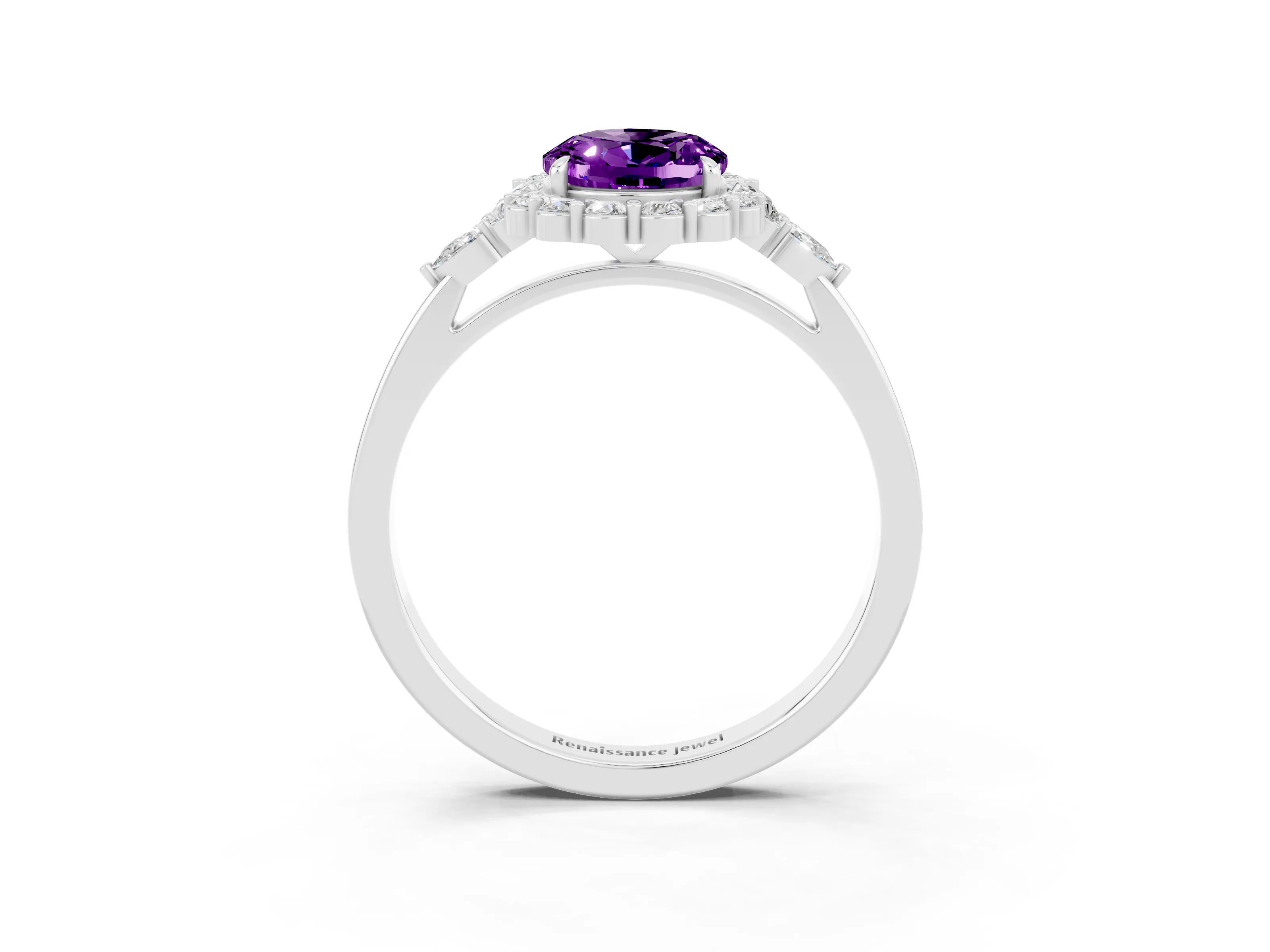White gold Oval Cut Amethyst Halo Ring with Pear Side Stones and Prong Setting_27