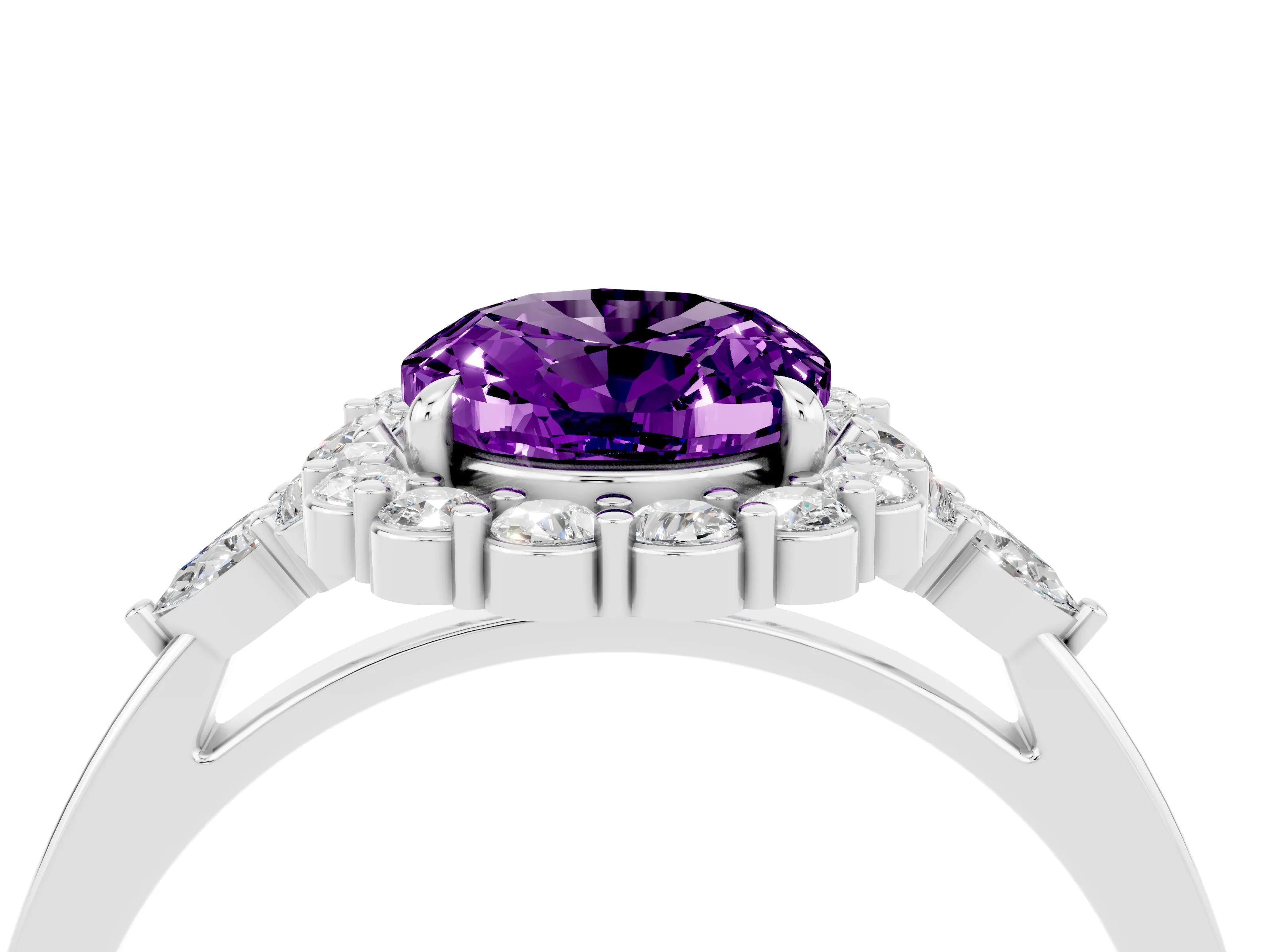 White gold Oval Cut Amethyst Halo Ring with Pear Side Stones and Prong Setting_28