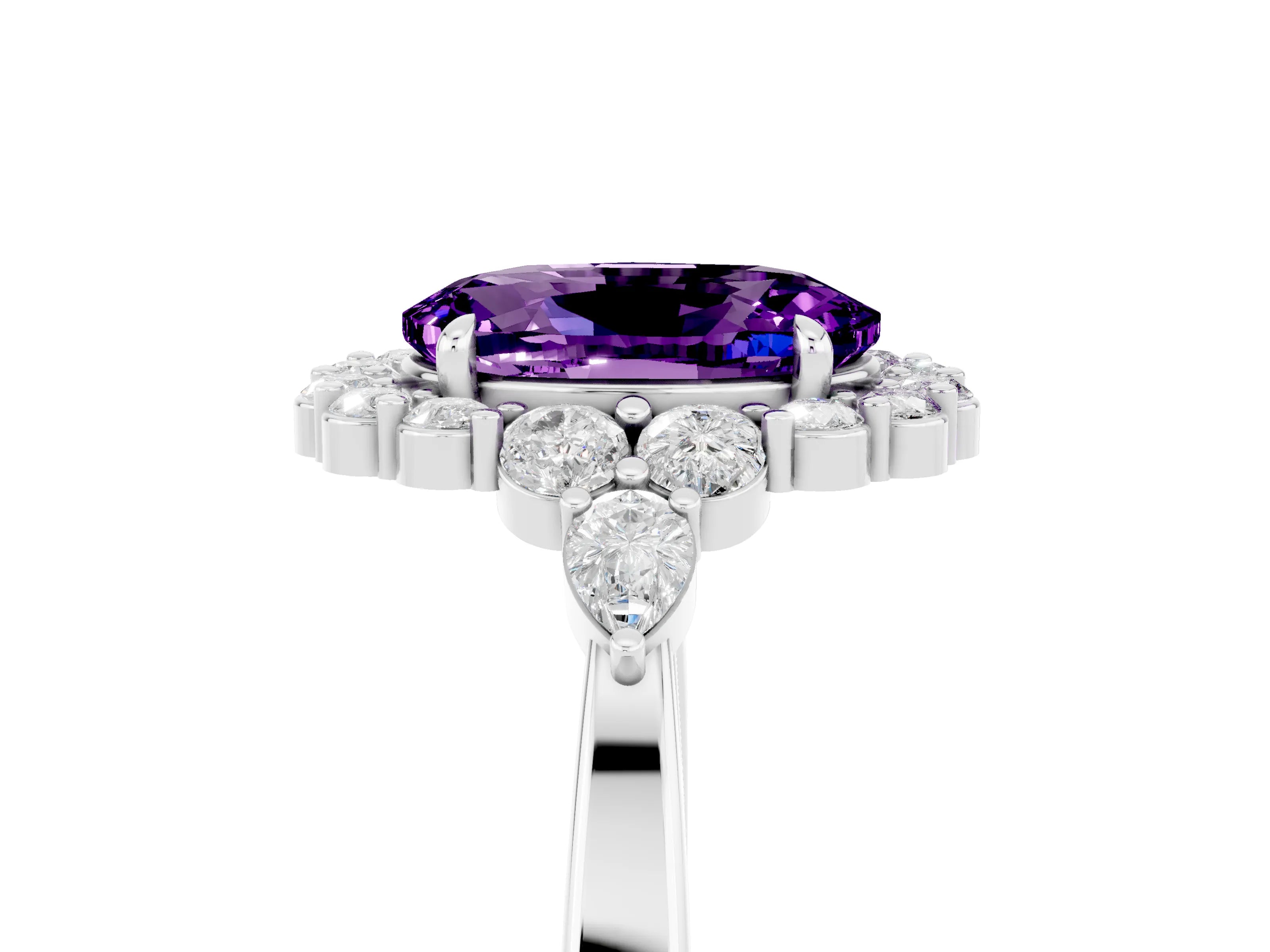 White gold Oval Cut Amethyst Halo Ring with Pear Side Stones and Prong Setting_29