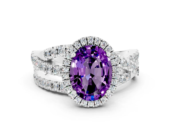Silver Oval Cut Amethyst Halo Ring with Round Split Shank and Prong Setting