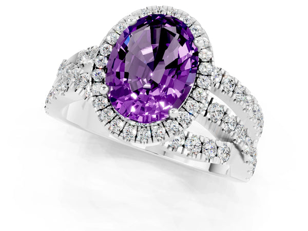 Silver Oval Cut Amethyst Halo Ring with Round Split Shank and Prong Setting