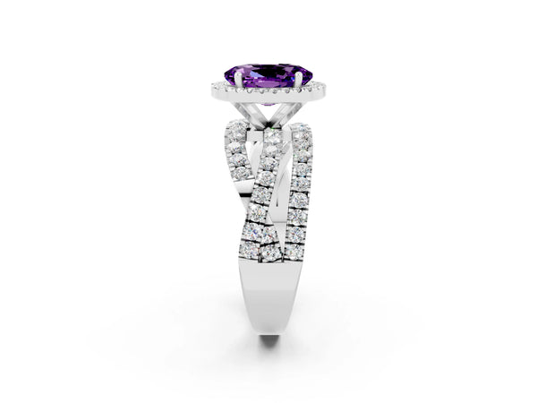 Silver Oval Cut Amethyst Halo Ring with Round Split Shank and Prong Setting
