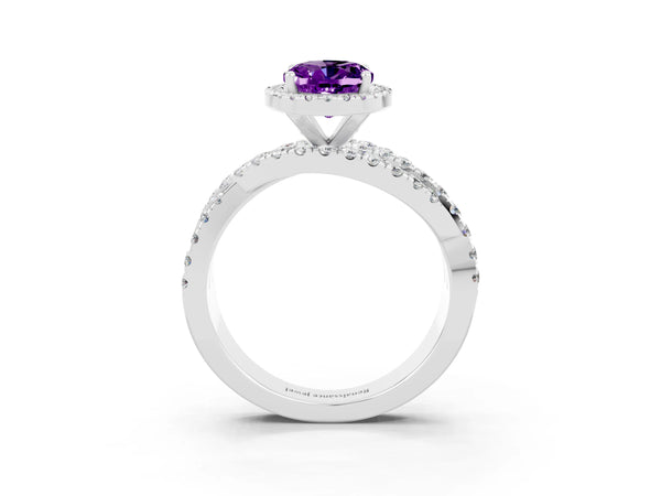 Silver Oval Cut Amethyst Halo Ring with Round Split Shank and Prong Setting