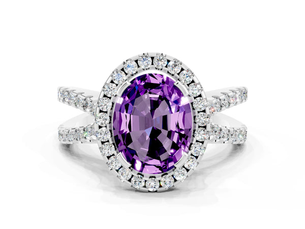 Platinum Oval Cut Amethyst Halo Ring with Split Shank Pavé Band and Prong Setting