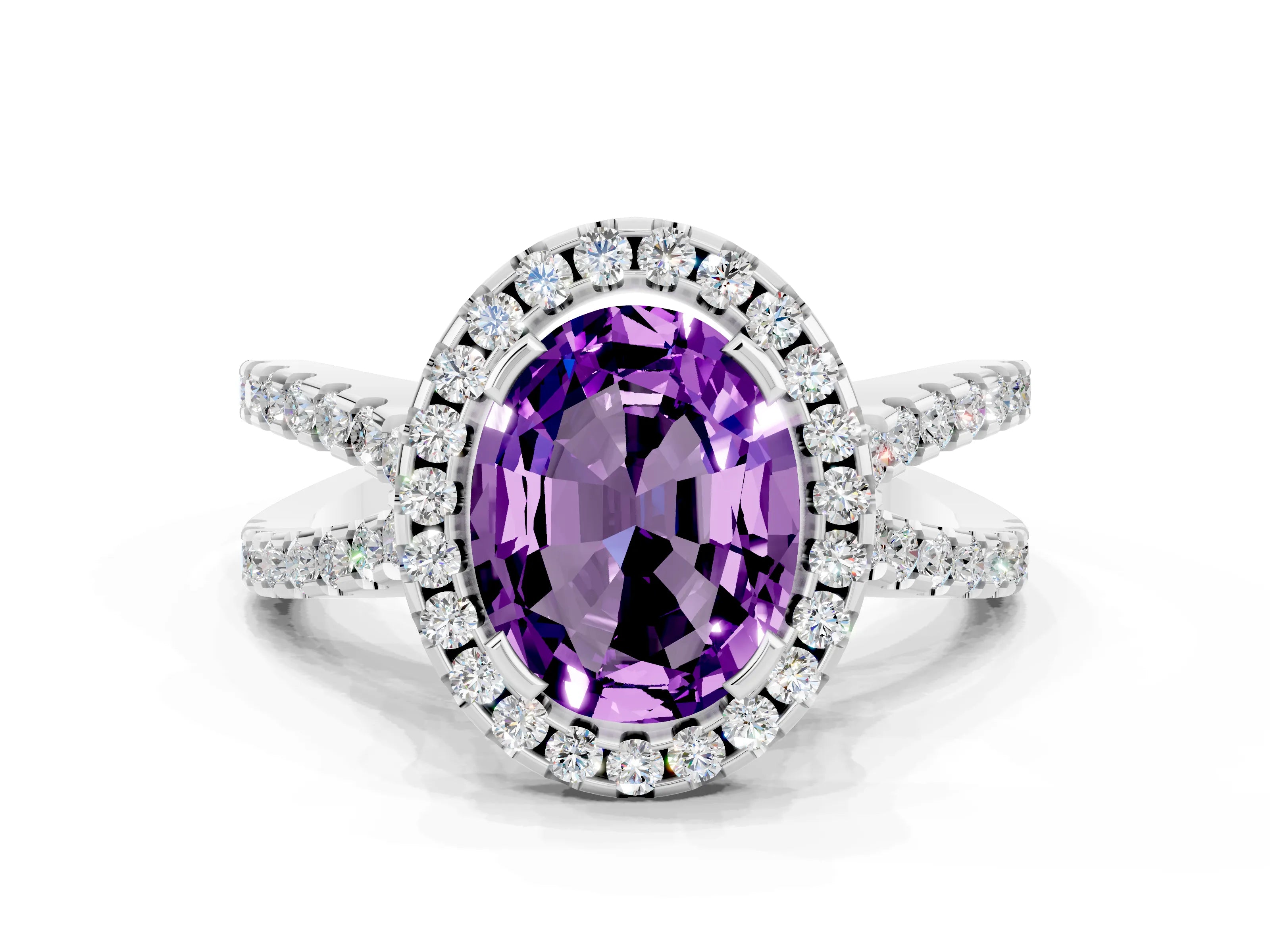 White gold Oval Cut Amethyst Halo Ring with Split Shank Pavé Band and Prong Setting