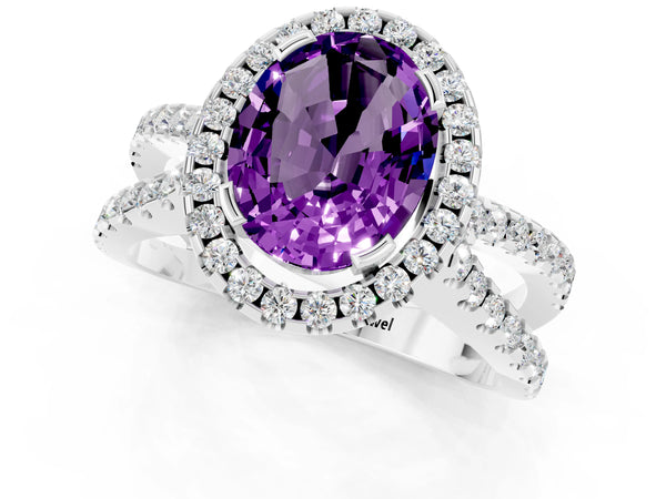 Silver Oval Cut Amethyst Halo Ring with Split Shank Pavé Band and Prong Setting