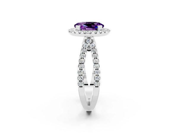 White gold Oval Cut Amethyst Halo Ring with Split Shank Pavé Band and Prong Setting