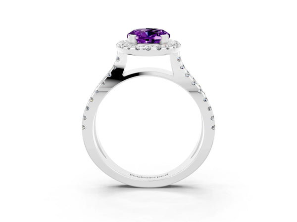 Silver Oval Cut Amethyst Halo Ring with Split Shank Pavé Band and Prong Setting