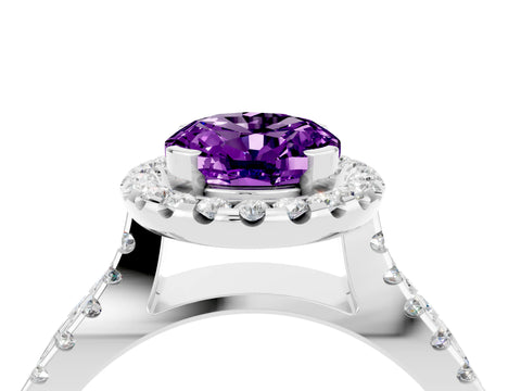 White gold Oval Cut Amethyst Halo Ring with Split Shank Pavé Band and Prong Setting_4