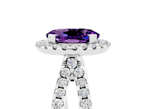 White gold Oval Cut Amethyst Halo Ring with Split Shank Pavé Band and Prong Setting_5