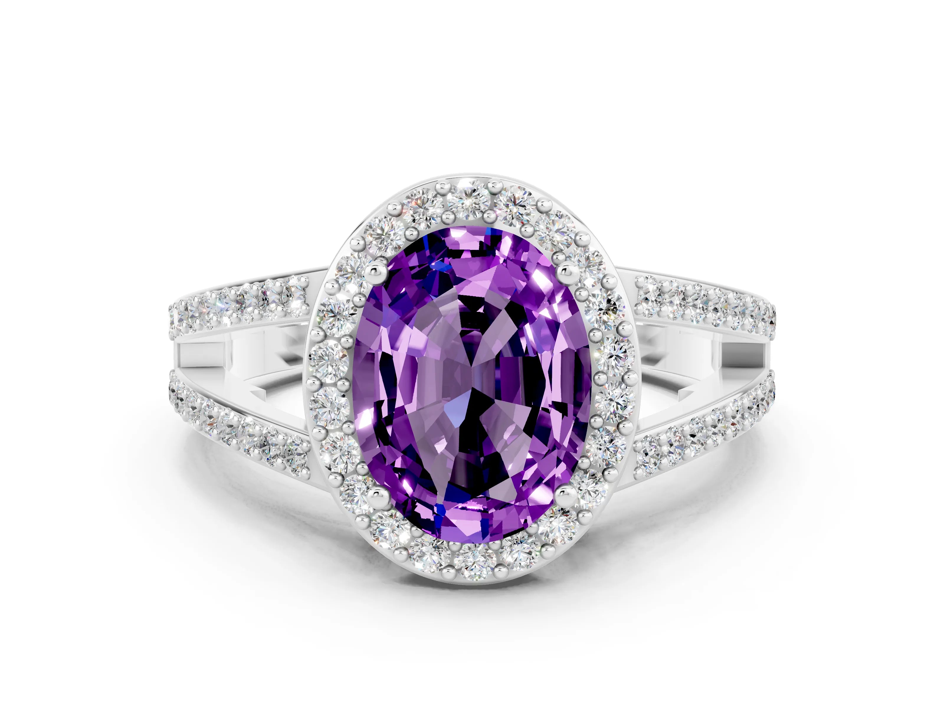 White gold Oval Cut Amethyst Halo Ring with Split Shank U-Prong Band and Four-Prong Setting