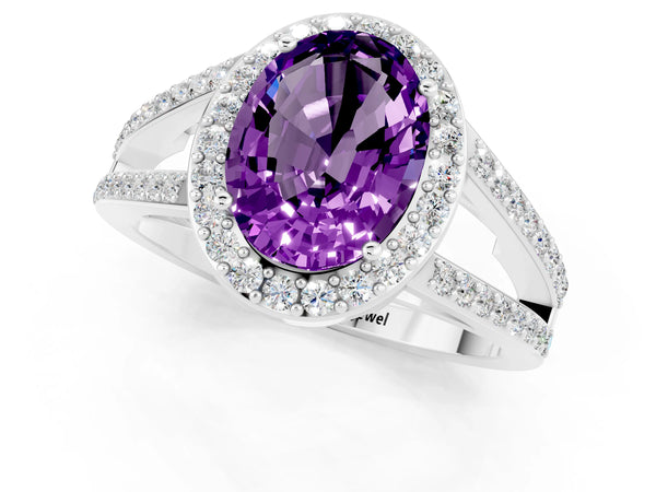 White gold Oval Cut Amethyst Halo Ring with Split Shank U-Prong Band and Four-Prong Setting