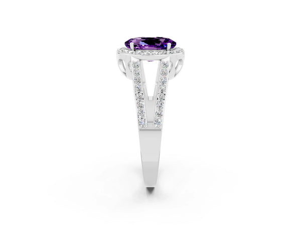 Platinum Oval Cut Amethyst Halo Ring with Split Shank U-Prong Band and Four-Prong Setting