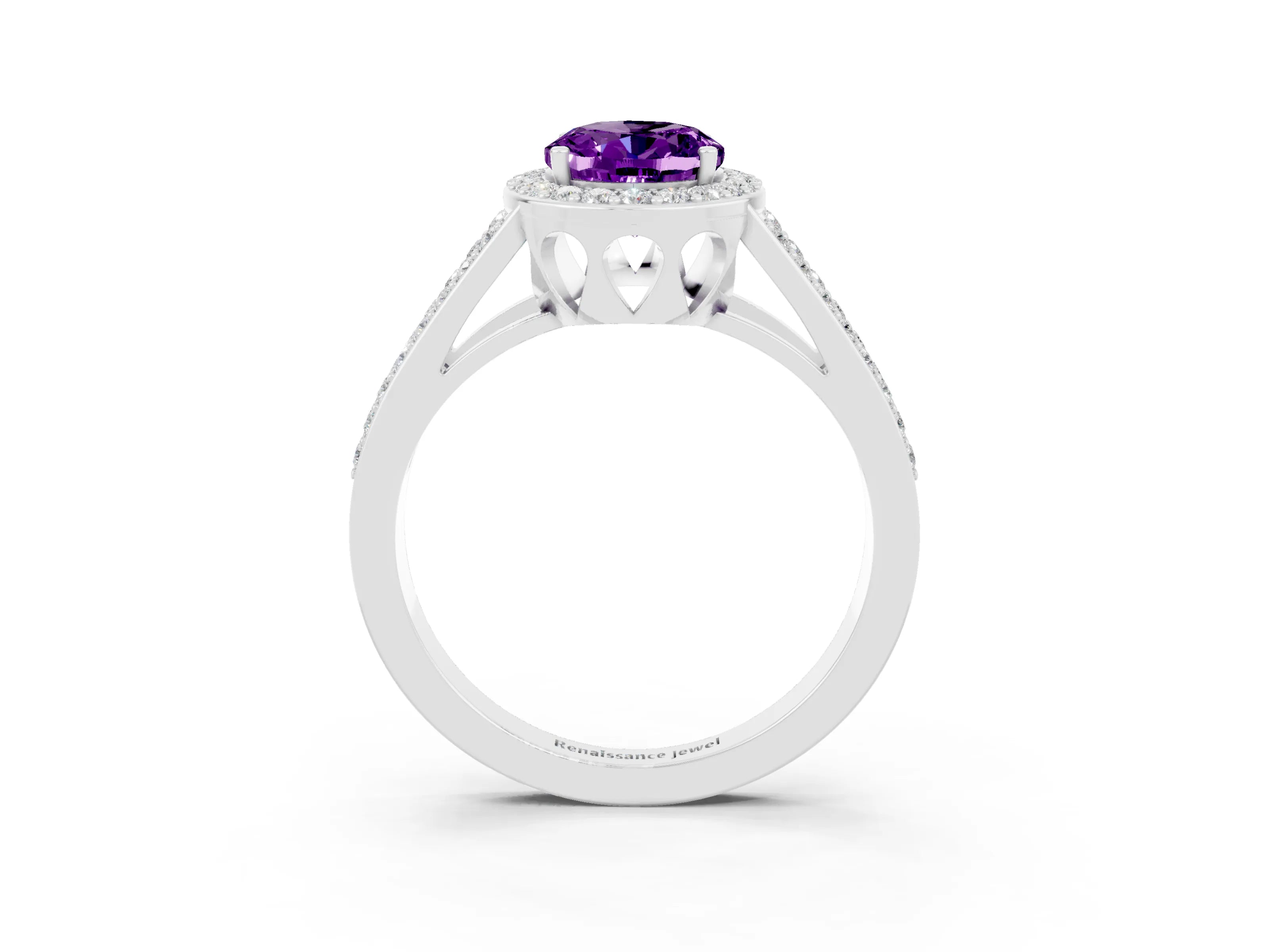 White gold Oval Cut Amethyst Halo Ring with Split Shank U-Prong Band and Four-Prong Setting_3