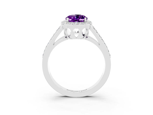 Silver Oval Cut Amethyst Halo Ring with Split Shank U-Prong Band and Four-Prong Setting
