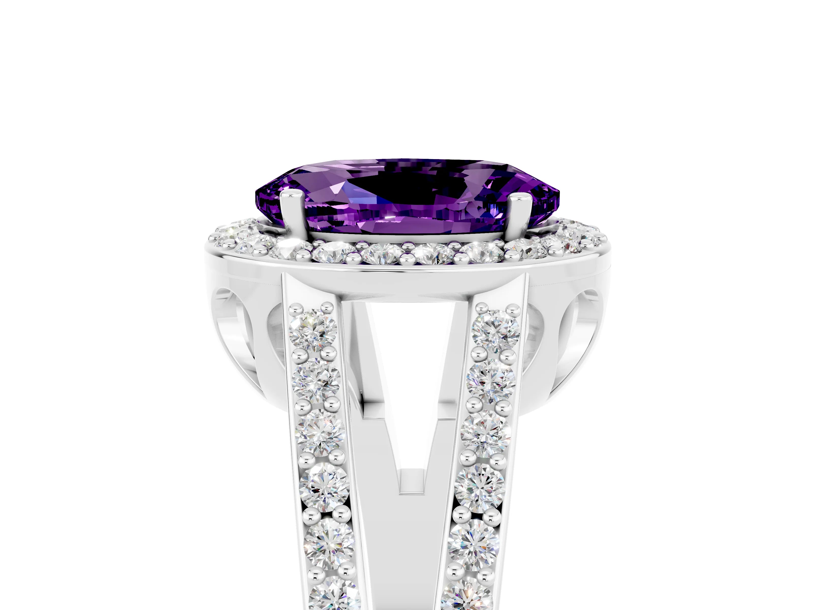 White gold Oval Cut Amethyst Halo Ring with Split Shank U-Prong Band and Four-Prong Setting_5