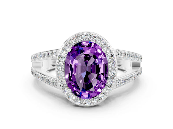 Silver Oval Cut Amethyst Halo Ring with Split Shank U-Prong Band and Four-Prong Setting