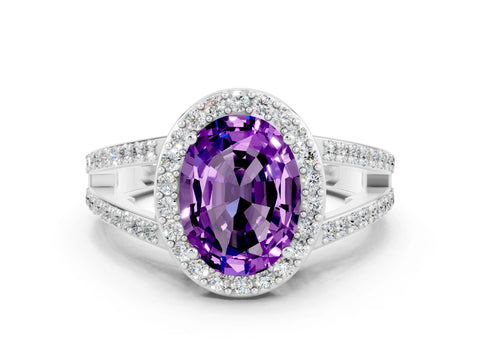 White gold Oval Cut Amethyst Halo Ring with Split Shank U-Prong Band and Four-Prong Setting