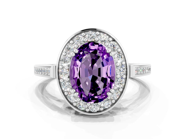 White gold Oval Cut Amethyst Halo Ring with Split Shank and Four-Prong Setting