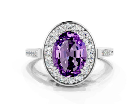 White gold Oval Cut Amethyst Halo Ring with Split Shank and Four-Prong Setting_12