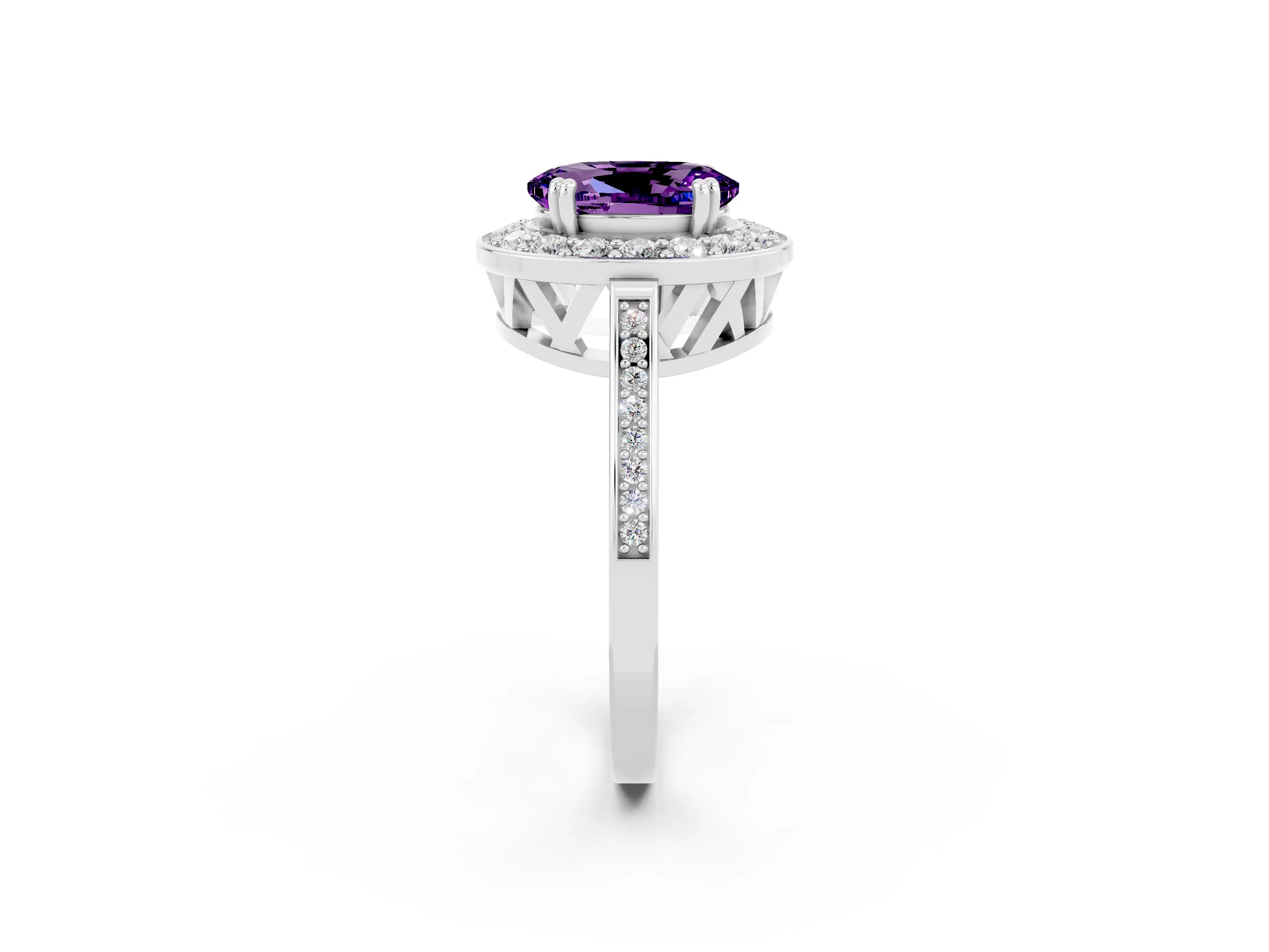 White gold Oval Cut Amethyst Halo Ring with Split Shank and Four-Prong Setting_14