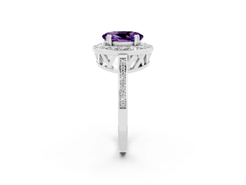 White gold Oval Cut Amethyst Halo Ring with Split Shank and Four-Prong Setting_14