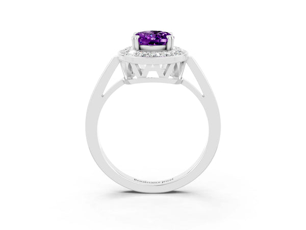 White gold Oval Cut Amethyst Halo Ring with Split Shank and Four-Prong Setting