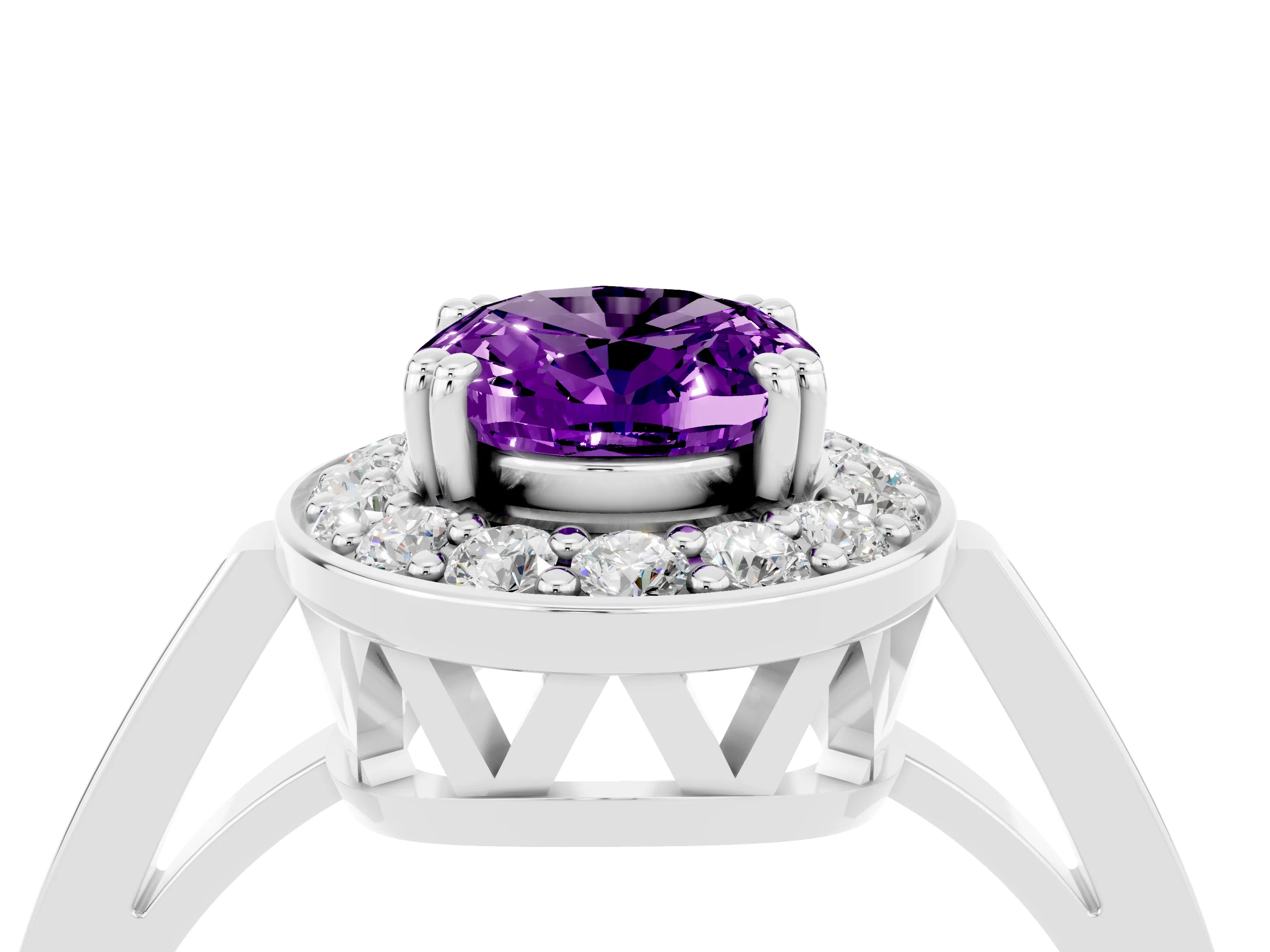 White gold Oval Cut Amethyst Halo Ring with Split Shank and Four-Prong Setting_16