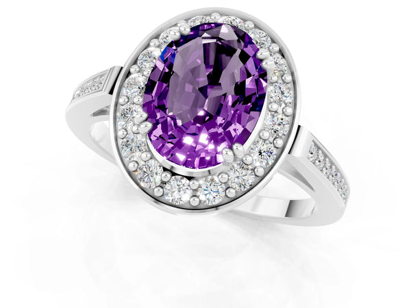 Silver Oval Cut Amethyst Halo Ring with Split Shank and Four-Prong Setting