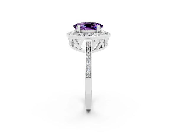 Platinum Oval Cut Amethyst Halo Ring with Split Shank and Four-Prong Setting