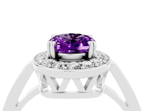 White gold Oval Cut Amethyst Halo Ring with Split Shank and Four-Prong Setting_4
