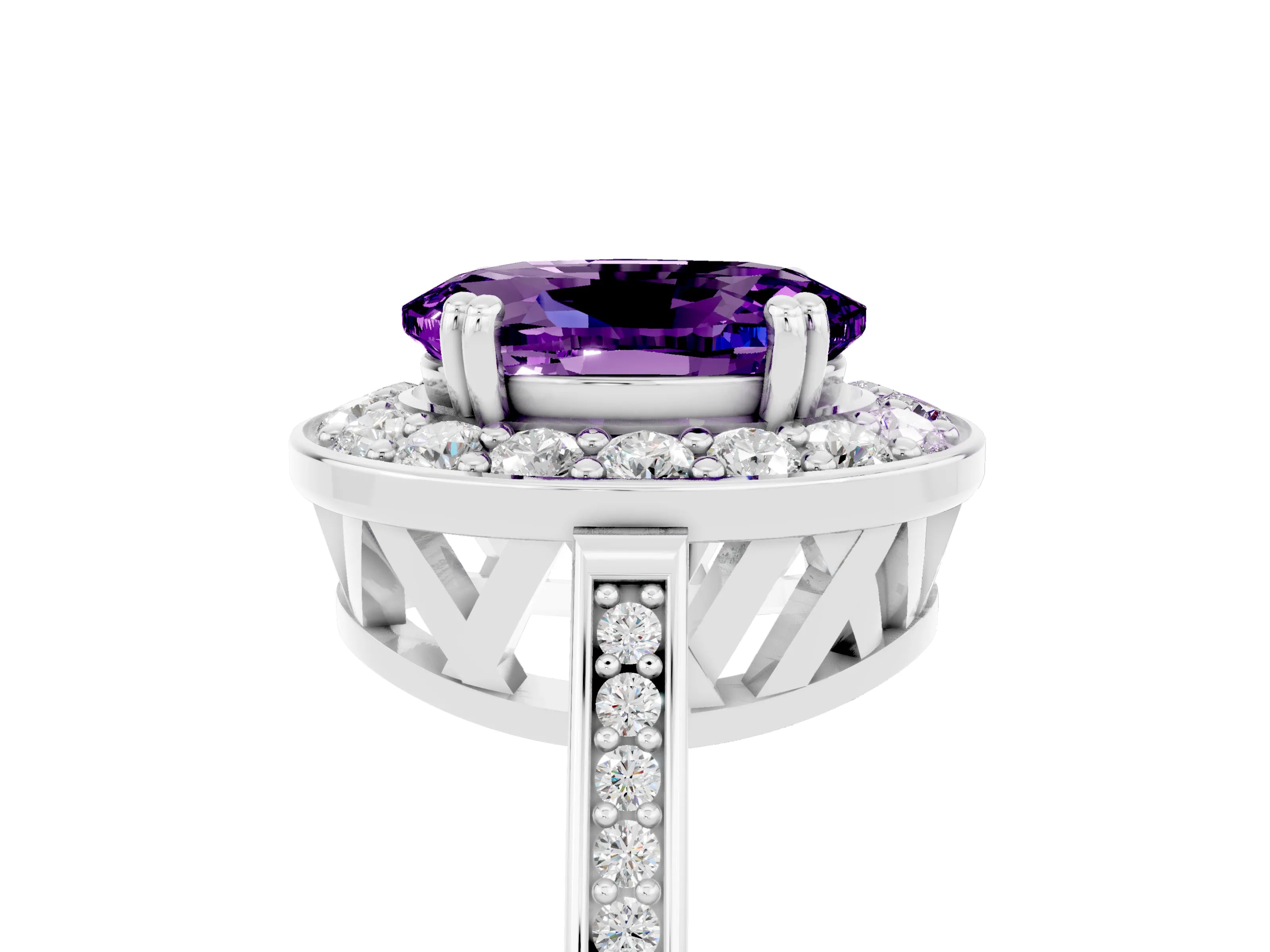 White gold Oval Cut Amethyst Halo Ring with Split Shank and Four-Prong Setting_5