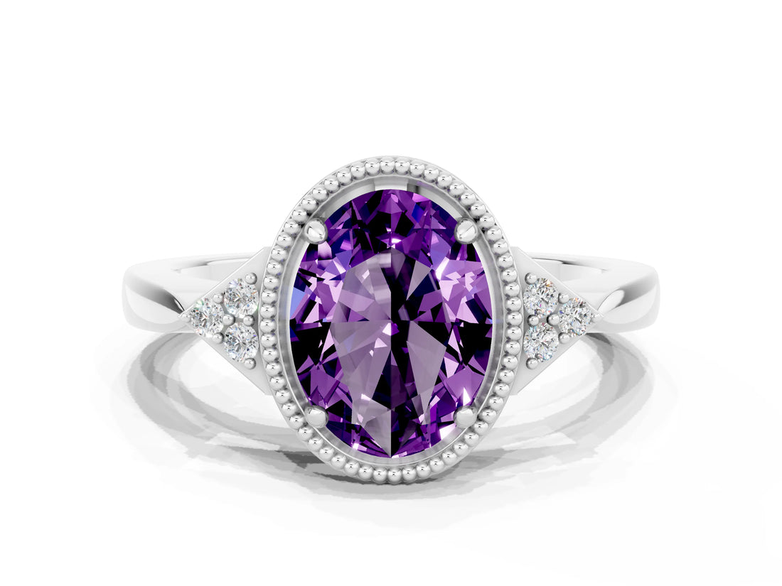 White gold Oval Cut Amethyst Halo Ring with Tapered Band and Four-Prong Setting