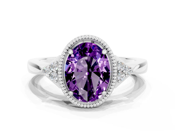 Platinum Oval Cut Amethyst Halo Ring with Tapered Band and Four-Prong Setting