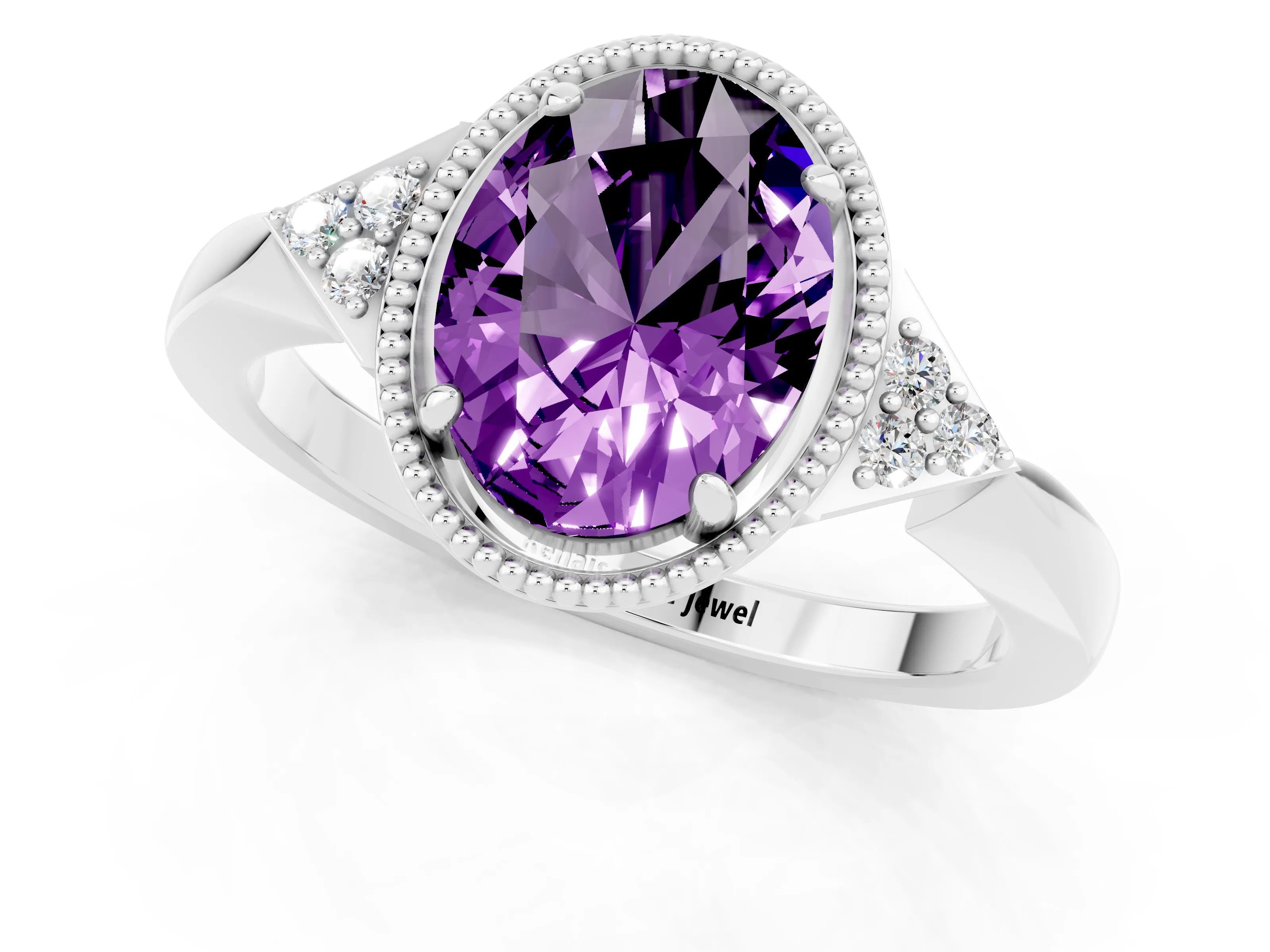 White gold Oval Cut Amethyst Halo Ring with Tapered Band and Four-Prong Setting_1