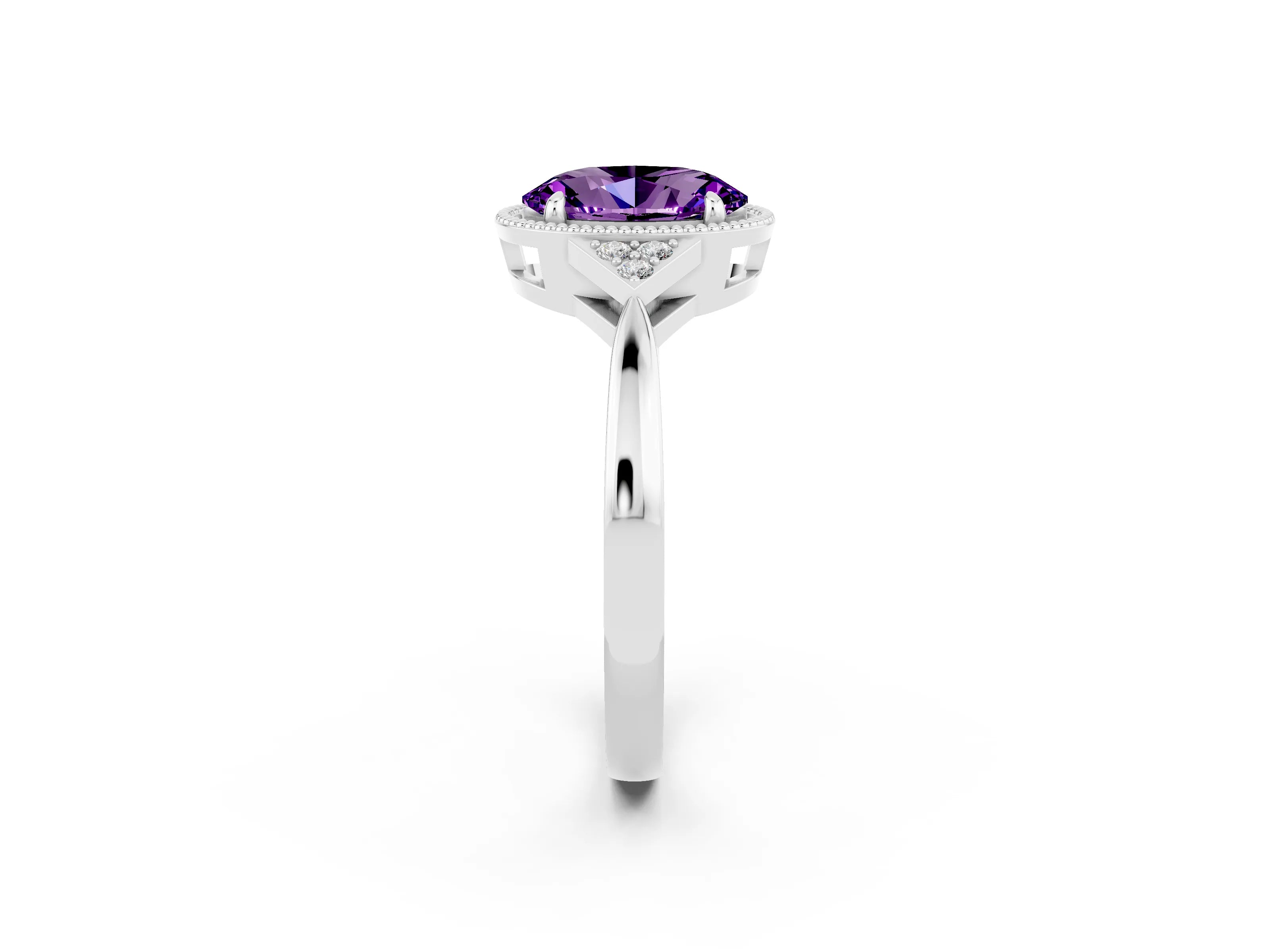 White gold Oval Cut Amethyst Halo Ring with Tapered Band and Four-Prong Setting_2