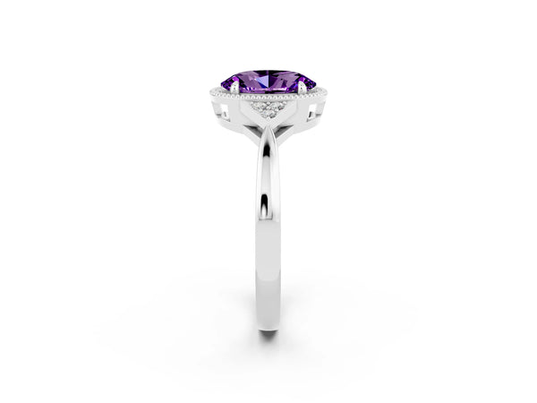 Silver Oval Cut Amethyst Halo Ring with Tapered Band and Four-Prong Setting
