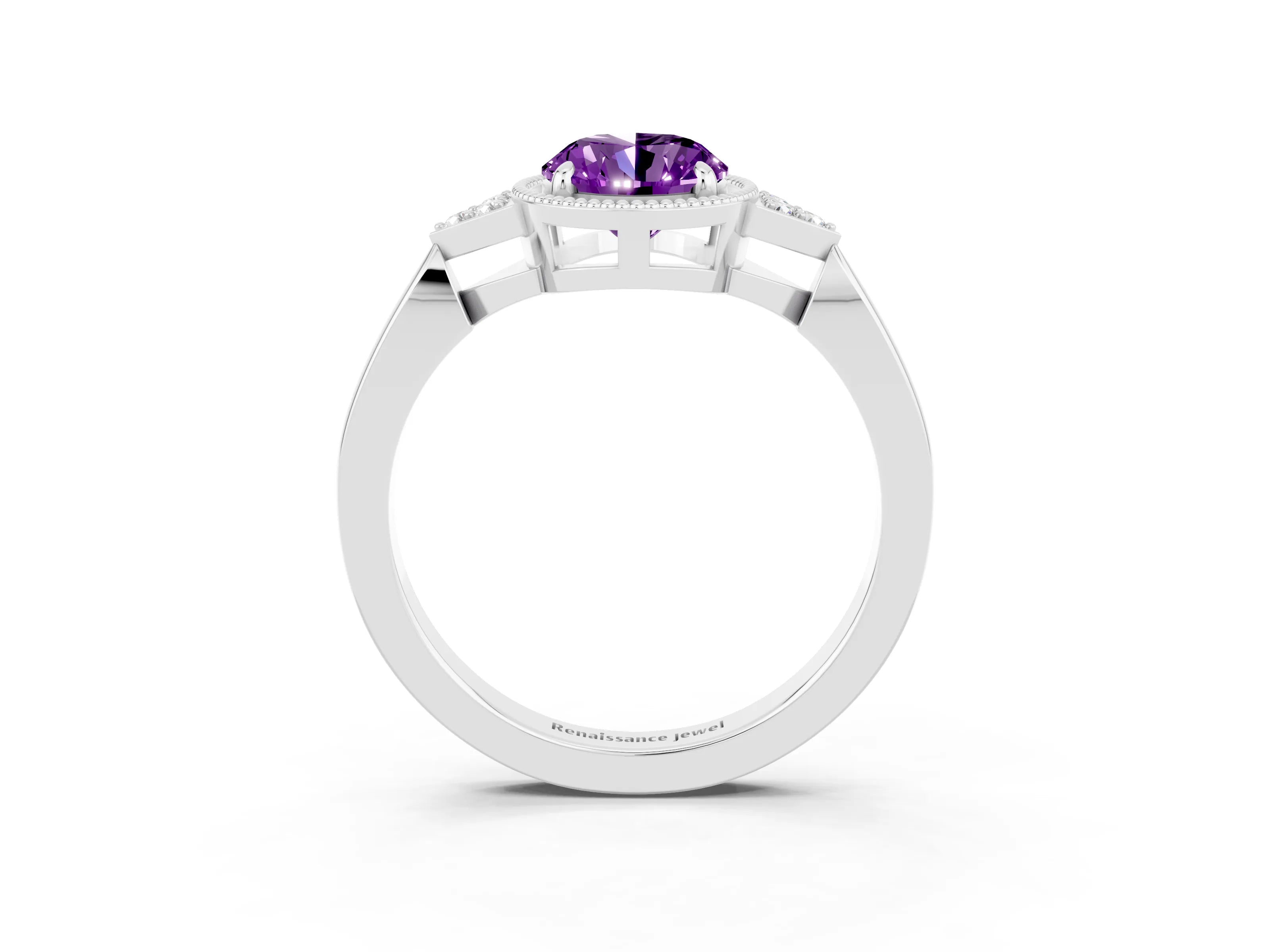 White gold Oval Cut Amethyst Halo Ring with Tapered Band and Four-Prong Setting_3