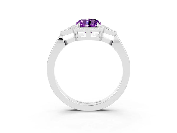 White gold Oval Cut Amethyst Halo Ring with Tapered Band and Four-Prong Setting